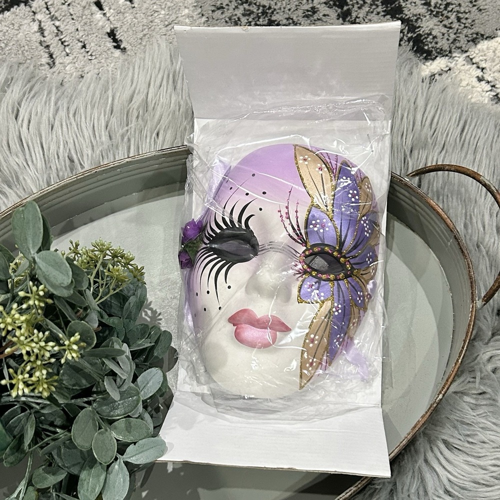 Painted Ceramic Mardi Gras Purple/Gold/Black Wall Mask Decor W/Ribbon